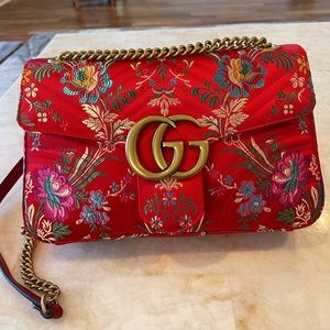 Jacquard Matelasse Floral Medium GG Marmont Shoulder Bag Red